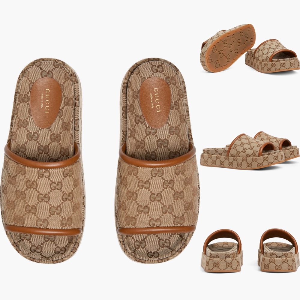 Gucci Beige GG Supreme Canvas Slide Sandals with Brown Trim - Picture 3 of 3